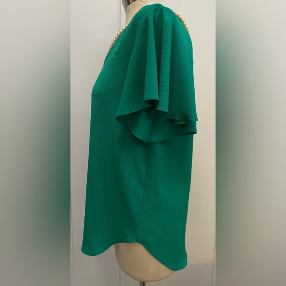 Green Envelope Green Fairy Bell Short Sleeved Top Sz SM Crepe Textured Material - Picture 3 of 4